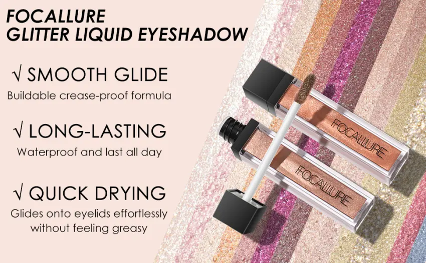 FOCALLURE 2PCS Liquid Glitter Eyeshadow Metallic Shimmer Eye Shadow Long Lasting Waterproof Eye Makeup High Pigmented Quick-Drying Sparkling Eyeshadow Highlighter Baked - product information 20