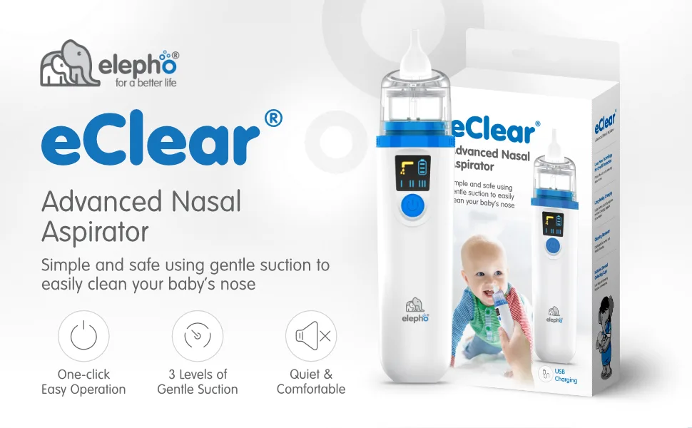 Elepho eClear Advanced Baby Nasal Aspirator. Easy-to-Use with Overflow Protection Technology. Multiple Suction Settings Use for Babies and Children. Single Button Use. Easy Cleaning. USB Rechargeable - Advanced Nasal Aspirator