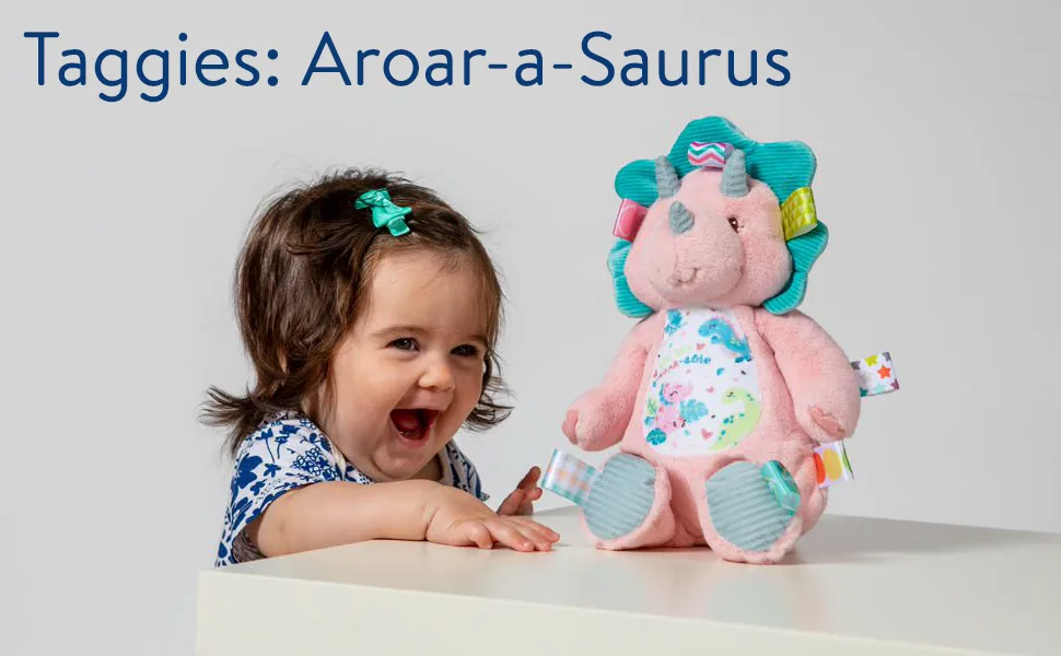 Taggies Soft Baby Rattle with Teether Ring  6-Inches  Aroar-a-Saurus Dinosaur - aroar-a-saurus child playing with dino
