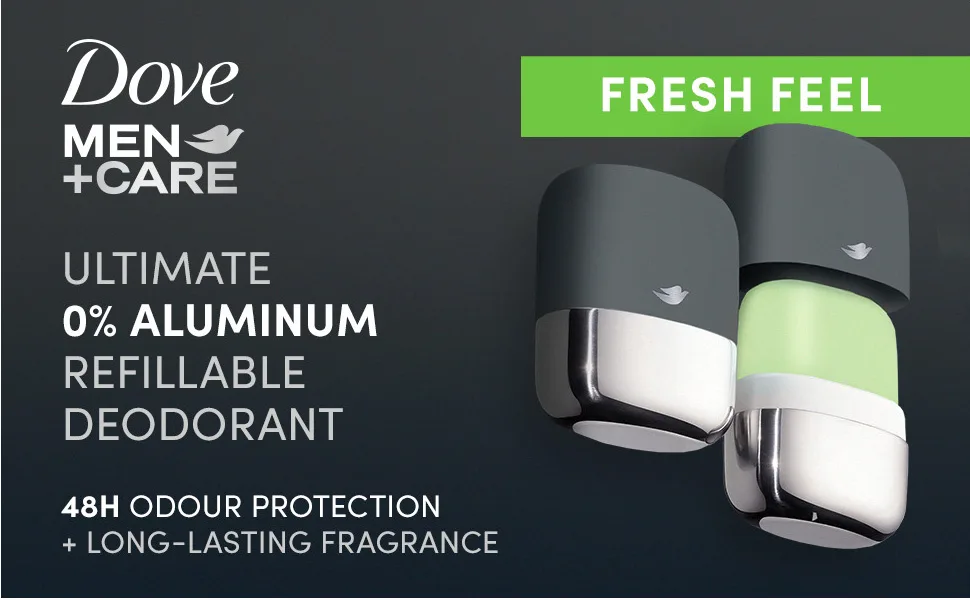 Dove Men+Care Refillable Deodorant Kit 0 percent Aluminum Fresh Feel Aluminum Free Deodorant 1.13 oz - Ultimate 0% aluminum refillable deodorant