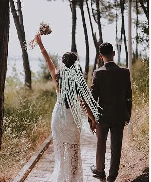 Kiido Wedding Veil Bride Headpiece Boho headband Handmade Macrame Bohemian Bridal Tiara Headdress-39 inches - wedding headband