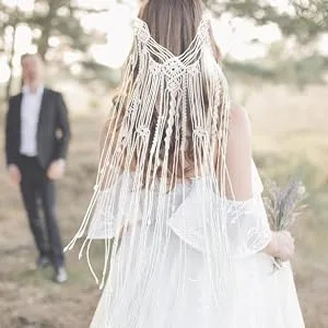 Kiido Wedding Veil Bride Headpiece Boho headband Handmade Macrame Bohemian Bridal Tiara Headdress-39 inches - white headband