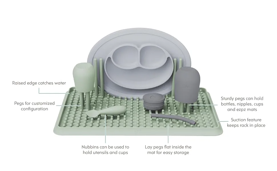 ezpz Drying Rack (Gray) - 100% Silicone + Suctions in Place + Adjustable Pegs - Dishwasher Safe - Durable Long-Lasting Hypo-Allergenic - ezpz Drying Rack