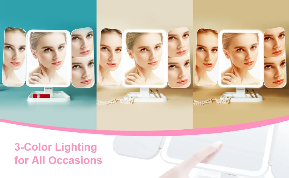 Honadar Makeup Mirror Trifold Vanity Mirror with 3 Color Lighting Modes/52 LED Light Touch Control/180  Rotation Cosmetic Light Up Mirror&1x/2x/3x/10x Magnification for Women Gift - Honadar Makeup Mirror Vanity Mirror with Lights & 52 LED 3 Color Lighting Modes Make Up Mirror
