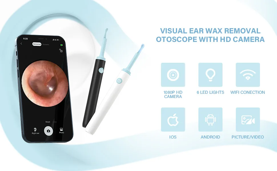 eXempt Earwax Remover with Camera Ear Scope Earwax Cleaner Tool Kit with 1080P FHD Wireless Waterproof Ear Camera for iPhone iPad & Android(White) Visual Ear Wax Removal - White - visual ear scope otoscope with light and 1080P HD camera wax removal wifi