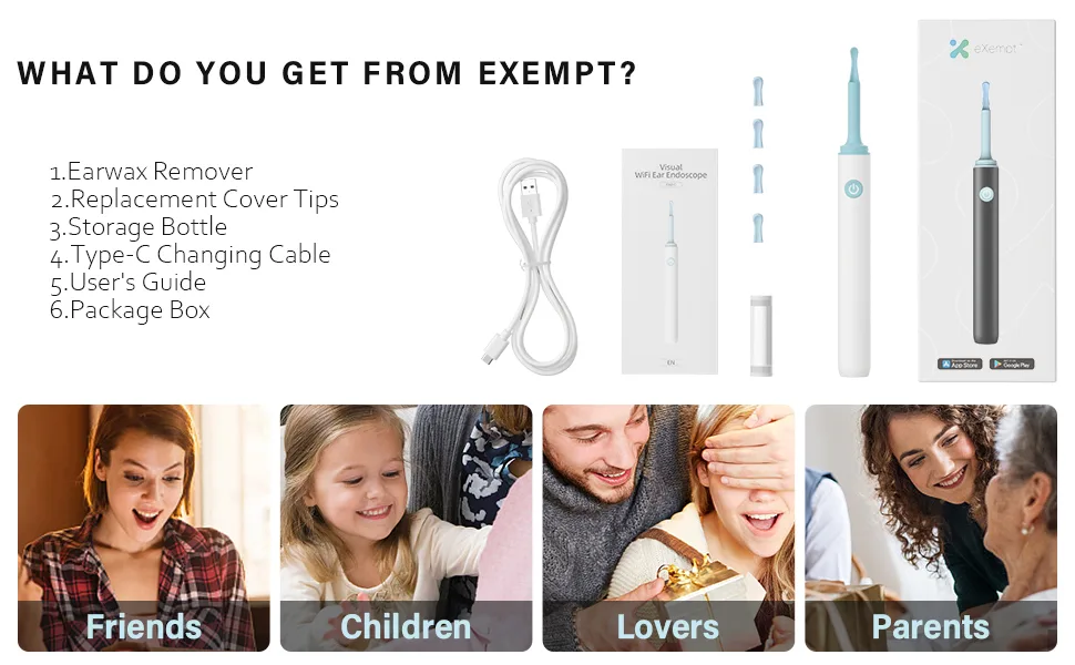 eXempt Earwax Remover with Camera Ear Scope Earwax Cleaner Tool Kit with 1080P FHD Wireless Waterproof Ear Camera for iPhone iPad & Android(White) Visual Ear Wax Removal - White - you can get earwax remover replacement cover tips storage bottle type-c cable guide package