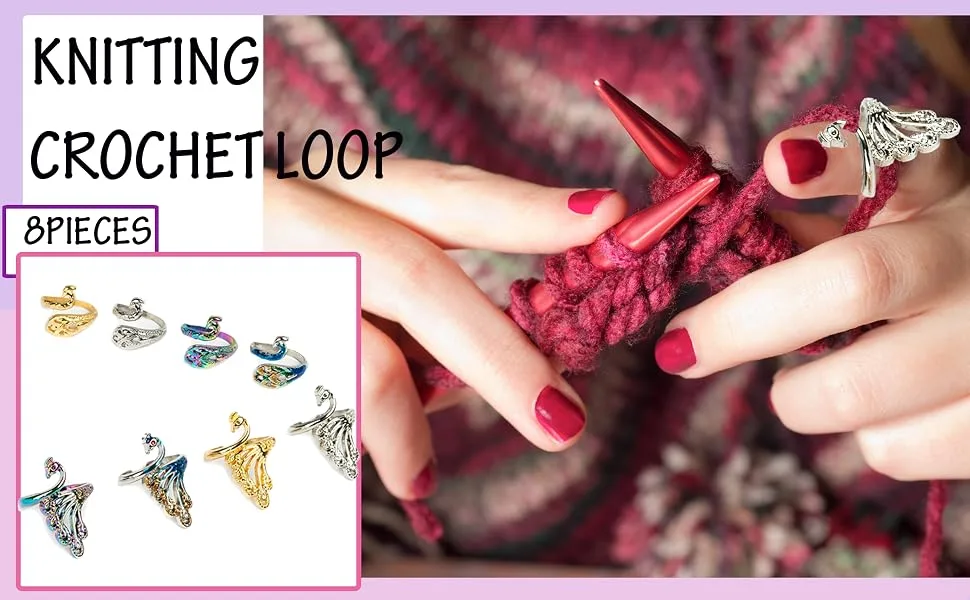 J.CARP 8 Pcs Adjustable Knitting Crochet Loop Ring  Braided Knitting Ring Yarn Guide Finger Holder for Mother Grandma Thanksgiving Presents 8pcs - Crochet Loop Ring