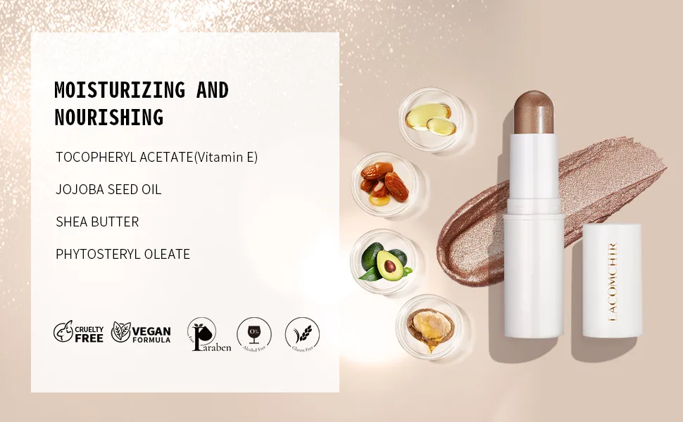 LACOMCHIR Cream Highlighter Stick Face&Body Luminizer Moisture Weightless Highlight Shinelighter Vegan & Cruelty Free 0.23oz (02-MCF) - highlighter stick cream highlighter glow shimmer vegan gluten-free clean beauty sunkissed