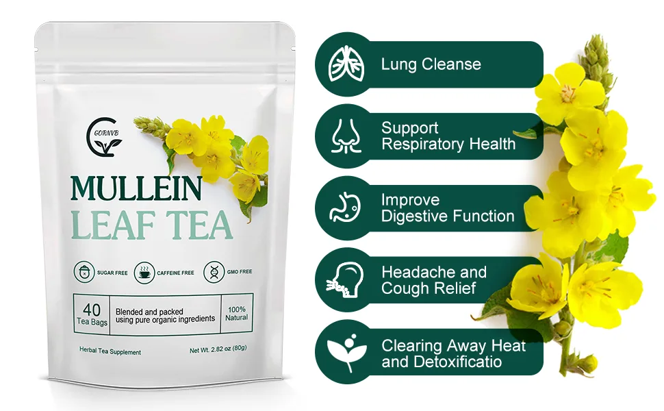 Mullein Leaf Tea Bags - Lungs Cleanse and Respiratory Support  Mullein Herbal Teas  Caffeine Free  40 Tea Bags - Mullein Leaf Herbal Tea for Respiratory Support