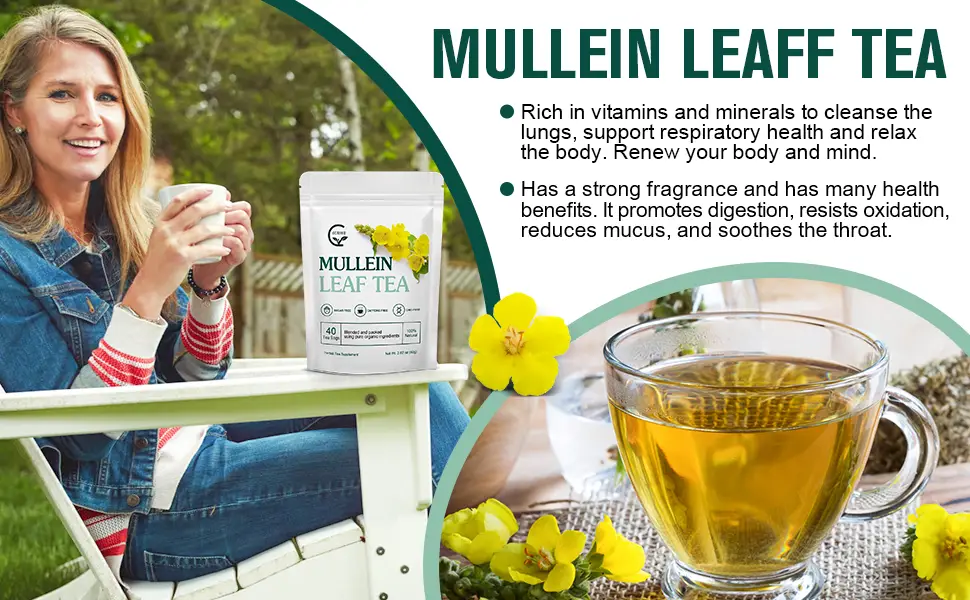 Mullein Leaf Tea Bags - Lungs Cleanse and Respiratory Support  Mullein Herbal Teas  Caffeine Free  40 Tea Bags - Organic Mullein Leaf Tea is packed with antioxidants, vitamins