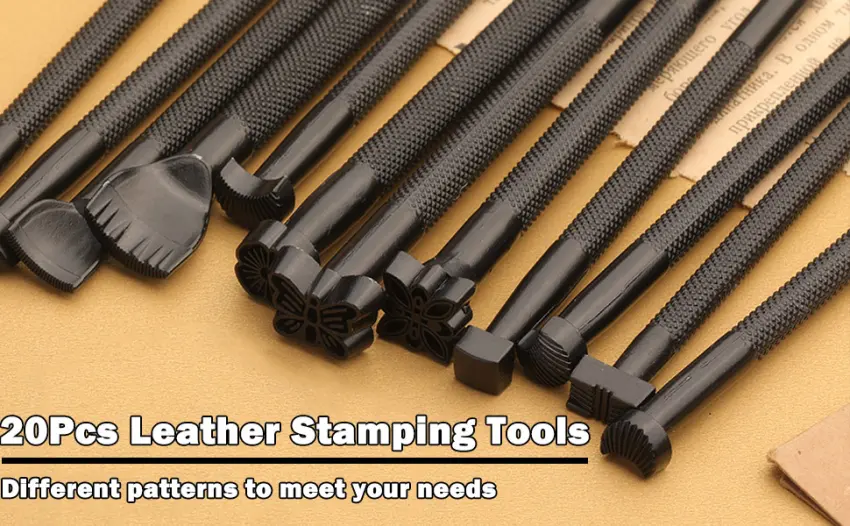 YUENTOEN 20Pcs Leather Stamping Tools Sets - Pressing Punch Sets  Different Shape Quality Saddle Stamp Punch Set Carving Leather Craft Tools for DIY Beginners and Professionals - product information 1