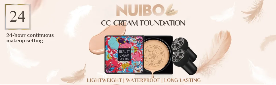 NUIBO Air Cushion CC Cream Foundation Moisturizing Long Lasting Matte Concealer Light Weight Smoothly Water Proof Makeup Base Liquid Foundation with 2PCS Mushroom Head Ivory/Unscrew Lid  - CC-CREAM-1