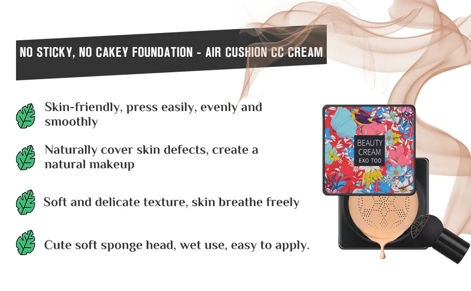 NUIBO Air Cushion CC Cream Foundation Moisturizing Long Lasting Matte Concealer Light Weight Smoothly Water Proof Makeup Base Liquid Foundation with 2PCS Mushroom Head Ivory/Unscrew Lid  - CC-CREAM-2