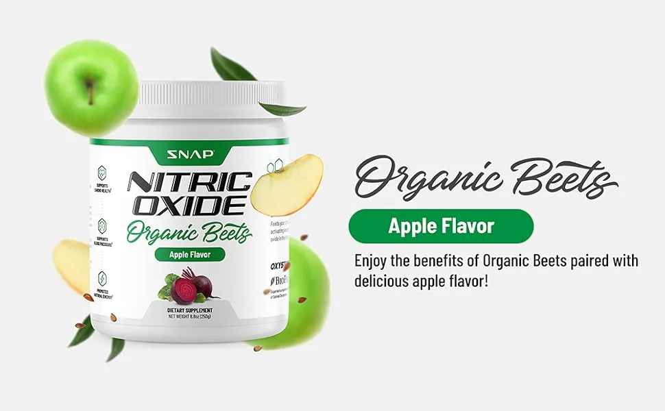 Snap Supplements Organic Beet Root Powder Nitric Oxide Supplement  Support Healthy Blood Flow  Heart Health  Natural Energy  Circulation Superfood  30 Servings  250g (Apple Flavor) - apple flavor