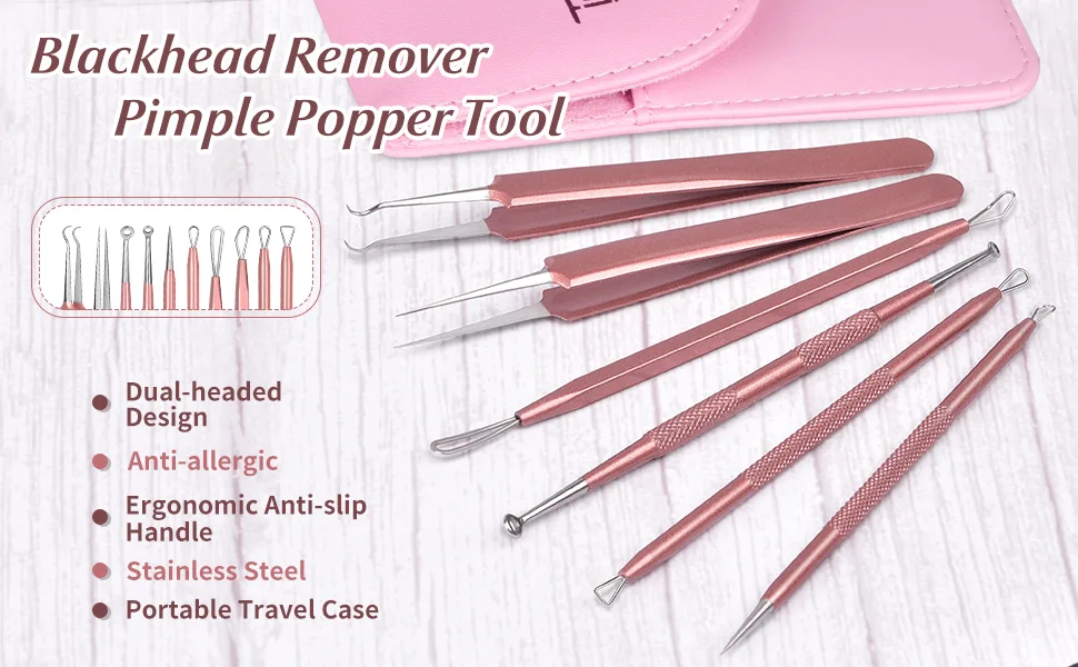 Blackhead Remover Tool TsMADDTs 6 Pcs Pimple Popper Tool Acne Extractor Removal Tool for Nose Face with Portable Leather Bag(Rose Golden) - product information 11