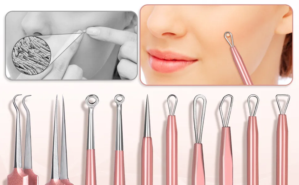 Blackhead Remover Tool TsMADDTs 6 Pcs Pimple Popper Tool Acne Extractor Removal Tool for Nose Face with Portable Leather Bag(Rose Golden) - product information 12