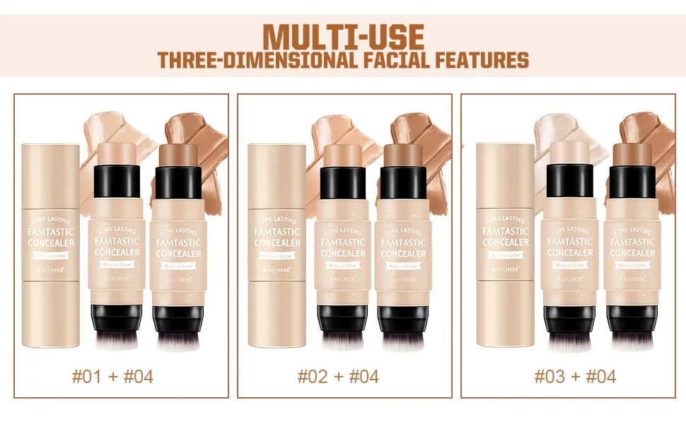 ONLYOILY 2 Pcs Contour & Highlighter Stick  Concealer & Bronzer Stick With Brush  Longwear Foundation Stick  Smooth  Blends Easily Face Makeup 02+04 - contour stick