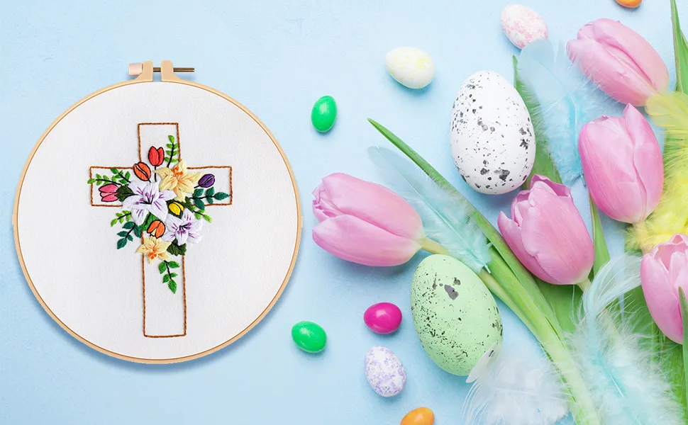 Louise Maelys Cross Lily Pattern Embroidery Starter Kit Cross Stitch Kits for Adults with Embroidery Hoop Needles Threads Instruction -Easter Jesus kit-1 - embroidery kit for adults