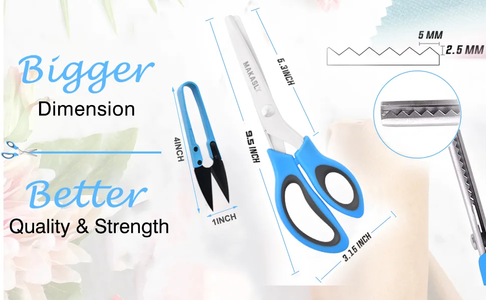 Makasla Pinking Shears Scissors for Fabric  Craft Scissors Decorative Edge  Zig Zag Scissors with Serrated Cutting Edge  Professional Sewing Pinking Shear for Fabric/Leather/Paper Craft (Blue) - Bigger dimensions with cutter