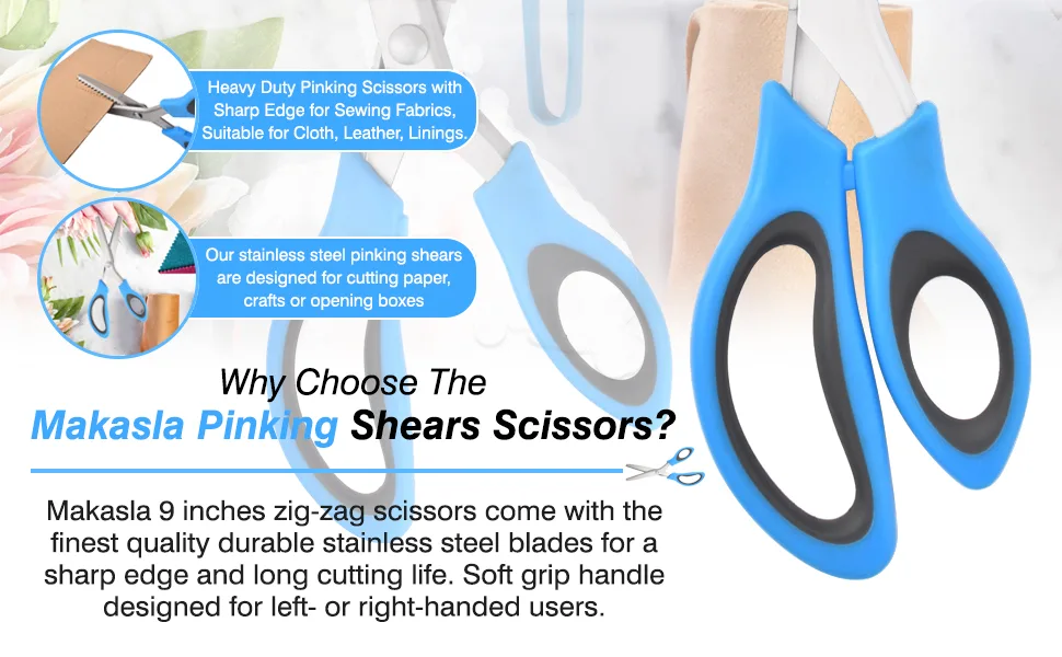 Makasla Pinking Shears Scissors for Fabric  Craft Scissors Decorative Edge  Zig Zag Scissors with Serrated Cutting Edge  Professional Sewing Pinking Shear for Fabric/Leather/Paper Craft (Blue) - peaking shears