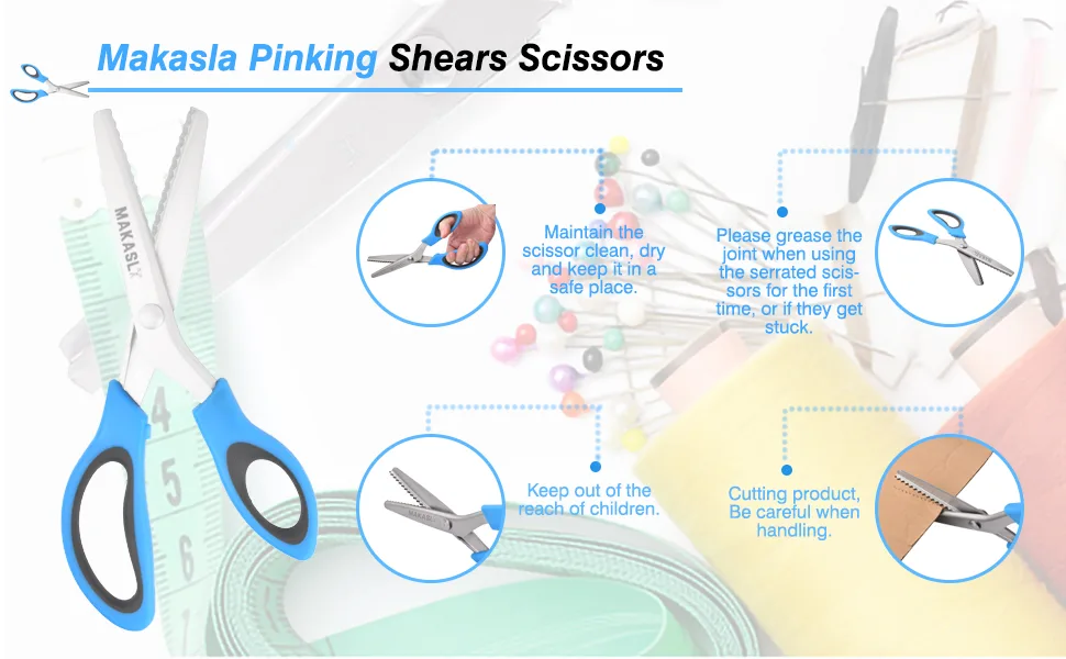 Makasla Pinking Shears Scissors for Fabric  Craft Scissors Decorative Edge  Zig Zag Scissors with Serrated Cutting Edge  Professional Sewing Pinking Shear for Fabric/Leather/Paper Craft (Blue) - Sharp edge cutting