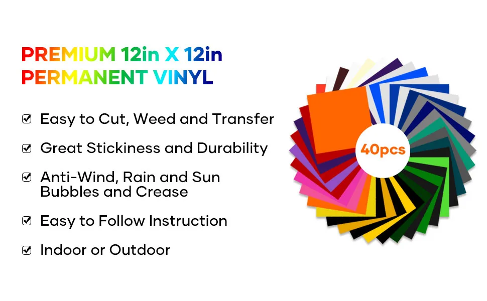 HTVRONT Permanent Adhesive Vinyl Sheets for Cricut Machine  40 Sheets 12 x 12 Permanent Vinyl Bundle for Cups  Decals  Craft Projects - 40 vinyl sheets