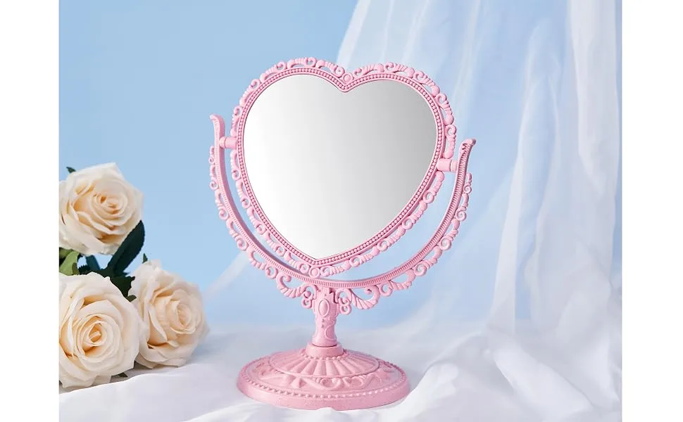 RECEESOON Pink Heart Mirror Double Sides  Vanity Makeup Mirror for Desk  Pink Vintage Mirror  Coquette Danish Pastel Room Decor Aesthetic - heart mirror