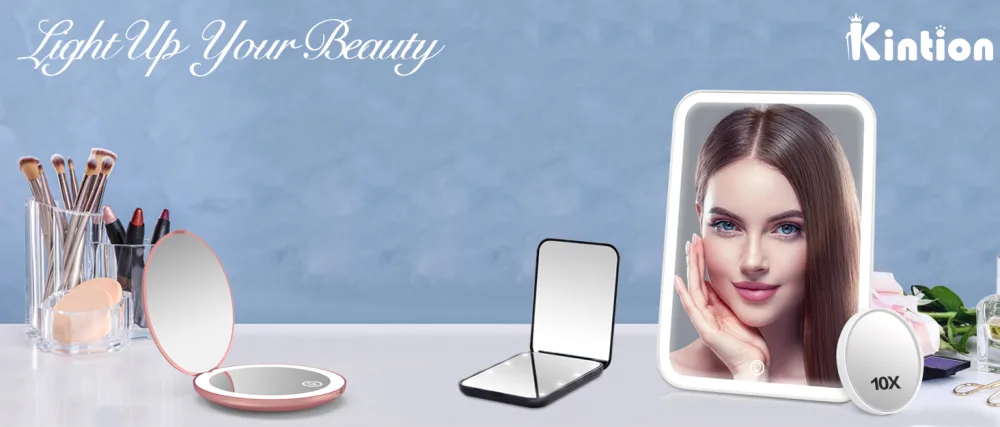 Kintion Pocket Mirror  1X/3X Magnification LED Compact Travel Makeup Mirror  Compact Mirror with Light  Purse Mirror  2-Sided  Portable  Folding  Handheld  Small Lighted Compact Mirror for Gift  White - Light up your beauty