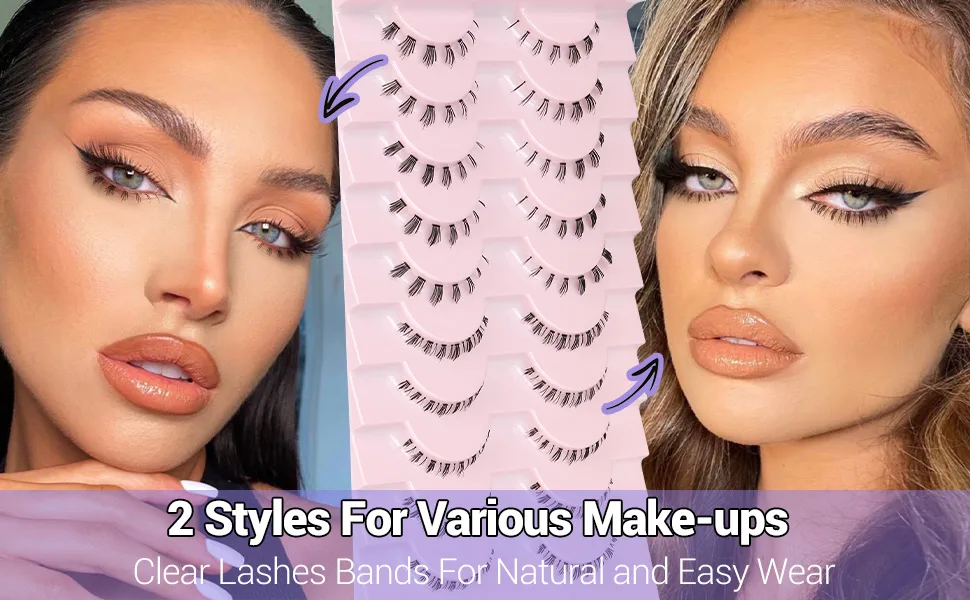 Natural Bottom Lashes Strip Eyelashes 2 Styles Lower Fake Eyelashes 10 Pairs by Yawamica - 2 Styles Clear Lashes Bands