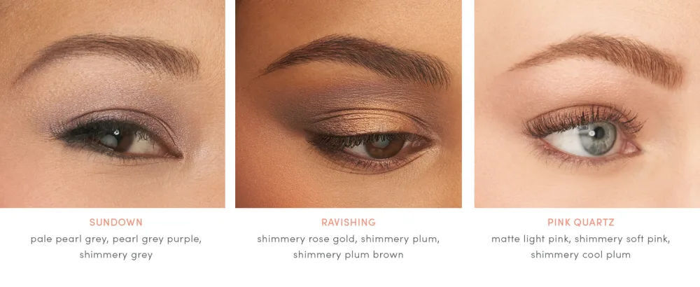 jane iredale PurePressed Eye Shadow Triple | Highly Pigmented Mineral Based Eye Shadow | Long Lasting & Crease Resistant Formula | Safe for Sensitive Eyes Harmony - Sundown, Ravishing and Pink Quartz modeled.