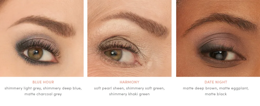jane iredale PurePressed Eye Shadow Triple | Highly Pigmented Mineral Based Eye Shadow | Long Lasting & Crease Resistant Formula | Safe for Sensitive Eyes Sweet Spot - Blue Hour, Harmony, and Date Night modeled