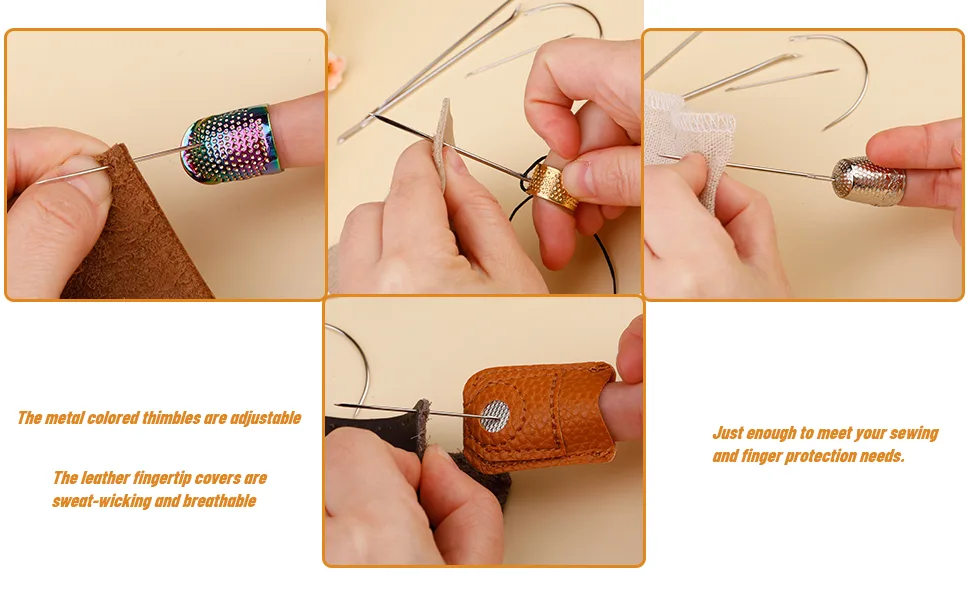12 Pcs Sewing Thimble Set  Adjustable Metal Sewing Thimble Rings  Leather Coin Thimble  Metal Finger Shield Ring with Hand Sewing Needle Kit  Sewing Thimble Finger Protector for Hand DIY style02 - Diagram of the use of different types of thimbles