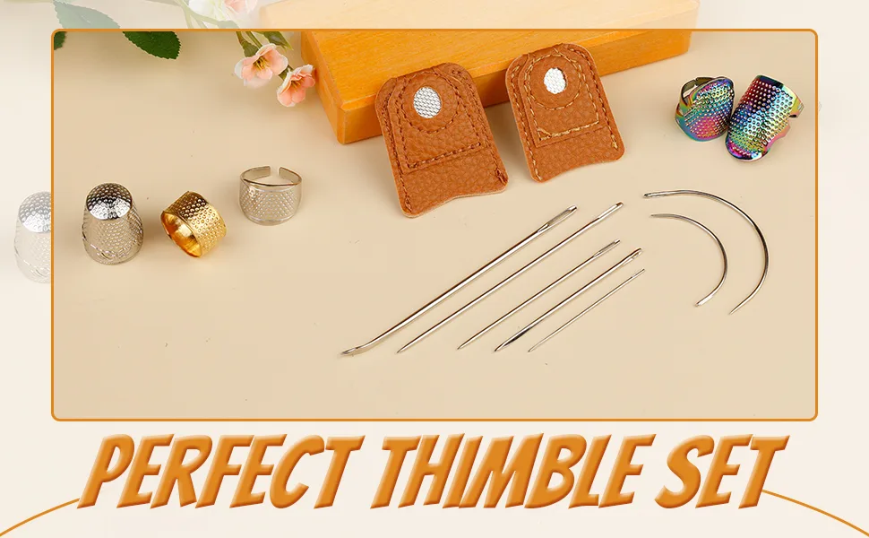 12 Pcs Sewing Thimble Set  Adjustable Metal Sewing Thimble Rings  Leather Coin Thimble  Metal Finger Shield Ring with Hand Sewing Needle Kit  Sewing Thimble Finger Protector for Hand DIY style02 - Thimble set