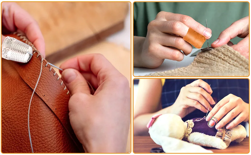 12 Pcs Sewing Thimble Set  Adjustable Metal Sewing Thimble Rings  Leather Coin Thimble  Metal Finger Shield Ring with Hand Sewing Needle Kit  Sewing Thimble Finger Protector for Hand DIY style02 - Thimble sewing scene