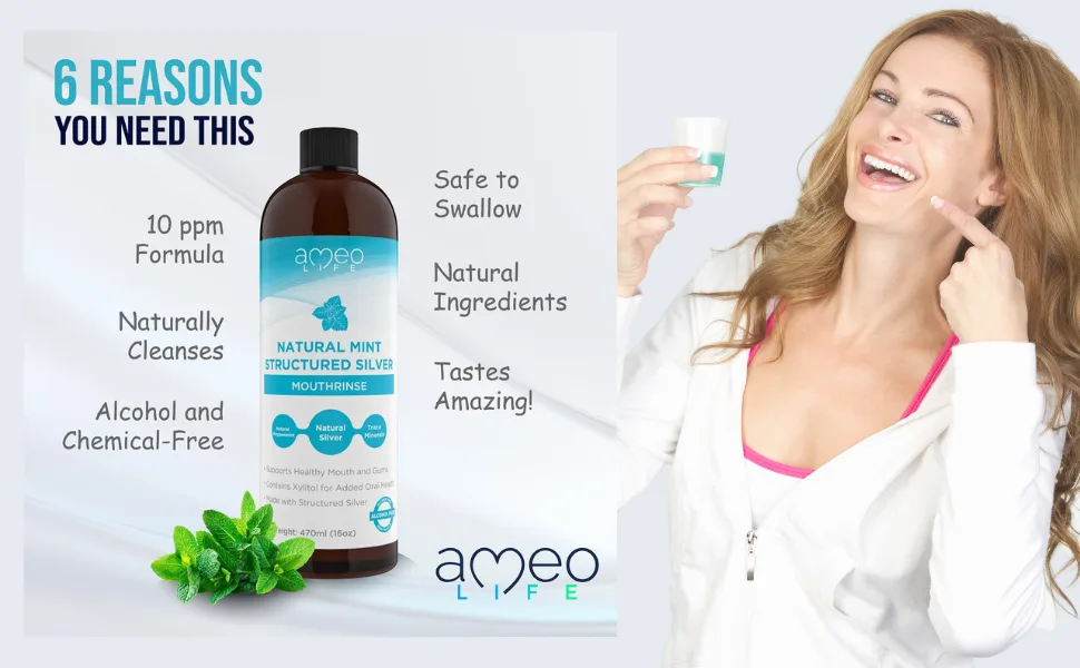 Structured Colloidal Silver Mouthwash Mint Flavor - All Natural Mouthwash with 10ppm Structured Silver for Bad Breath 16 oz - bad breath mouth cleanse antibacteria antiseptic silver solution