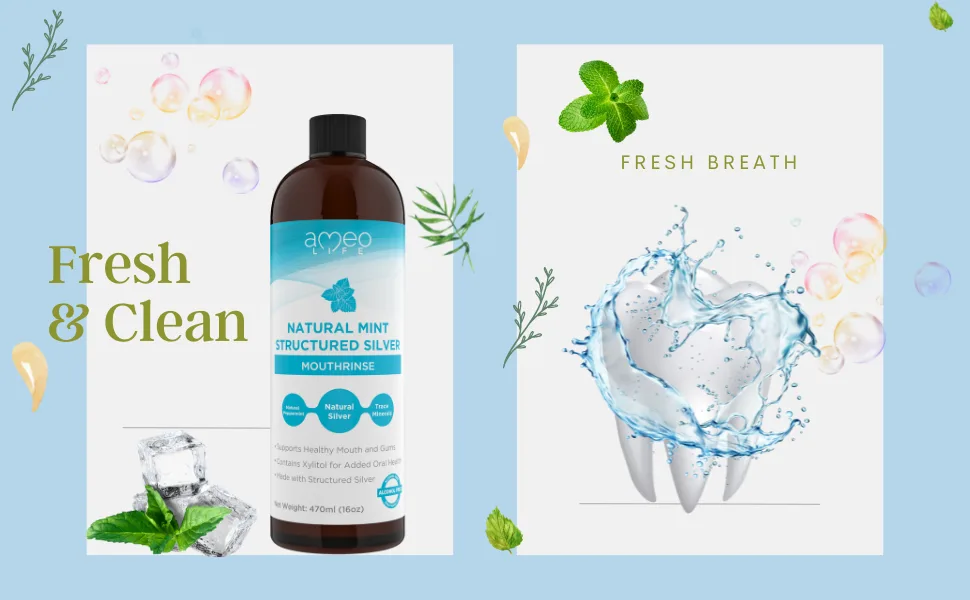 Structured Colloidal Silver Mouthwash Mint Flavor - All Natural Mouthwash with 10ppm Structured Silver for Bad Breath 16 oz - fresh clean breath antibacterial