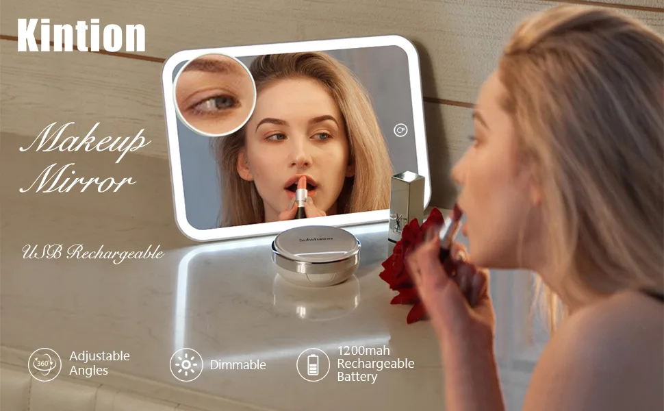 Kintion Lighted Makeup Mirror  Portable USB Rechargeable Vanity Mirror with Lights  360  Swivel Placement  Touch Screen Brightness Adjustable With 10x - Makeup Mirror with Lights and 10X Magnifying Mirror
