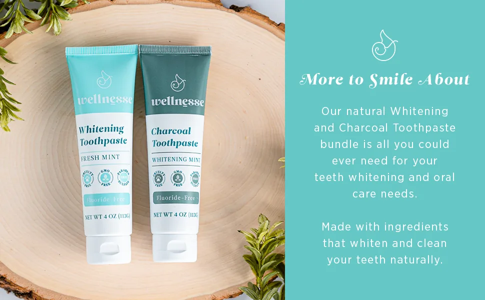 Wellnesse Whitening Toothpaste & Charcoal Toothpaste Bundle - Fresh Mint  4oz - Fluoride Free Toothpaste for Teeth Whitening Kit - Made with Activated Charcoal and Natural Teeth Whitening Ingredients - Wellnesse - Whitening & Charcoal Toothpaste Bundle 2