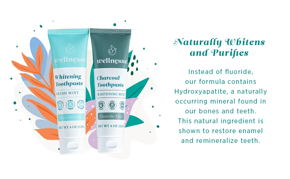 Wellnesse Whitening Toothpaste & Charcoal Toothpaste Bundle - Fresh Mint  4oz - Fluoride Free Toothpaste for Teeth Whitening Kit - Made with Activated Charcoal and Natural Teeth Whitening Ingredients - Wellnesse - Whitening & Charcoal Toothpaste Bundle 4