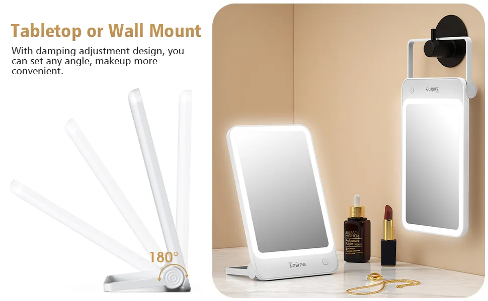 Zmirne Makeup Mirror with Lights  Portable Travel Makeup Mirror with A Little Circular 10x Magnification Mirror for Close-ups  3 Color Light Mode  Damping Adjustment Bracket - lighted makeup mirror