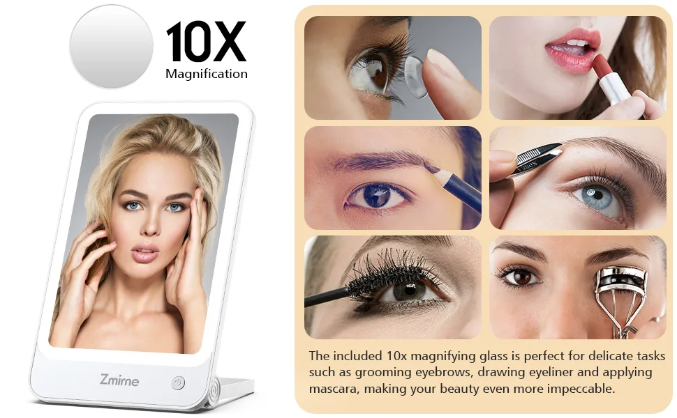 Zmirne Makeup Mirror with Lights  Portable Travel Makeup Mirror with A Little Circular 10x Magnification Mirror for Close-ups  3 Color Light Mode  Damping Adjustment Bracket - makeup mirror