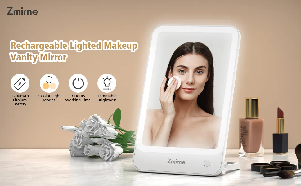 Zmirne Makeup Mirror with Lights  Portable Travel Makeup Mirror with A Little Circular 10x Magnification Mirror for Close-ups  3 Color Light Mode  Damping Adjustment Bracket - mirror with lights