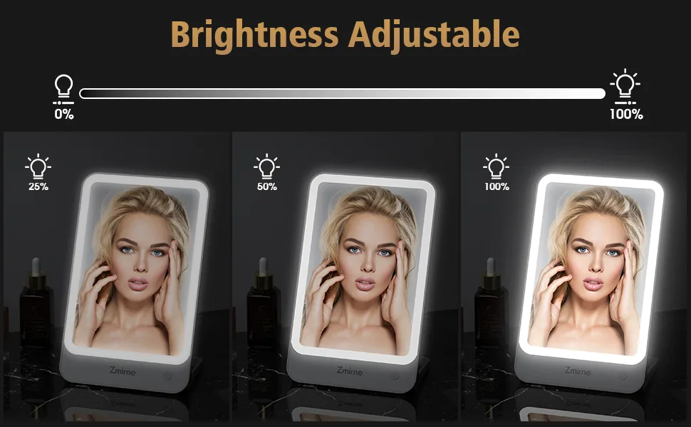 Zmirne Makeup Mirror with Lights  Portable Travel Makeup Mirror with A Little Circular 10x Magnification Mirror for Close-ups  3 Color Light Mode  Damping Adjustment Bracket - travel mirror with light
