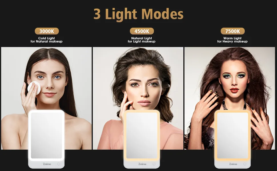 Zmirne Makeup Mirror with Lights  Portable Travel Makeup Mirror with A Little Circular 10x Magnification Mirror for Close-ups  3 Color Light Mode  Damping Adjustment Bracket - vanity mirror