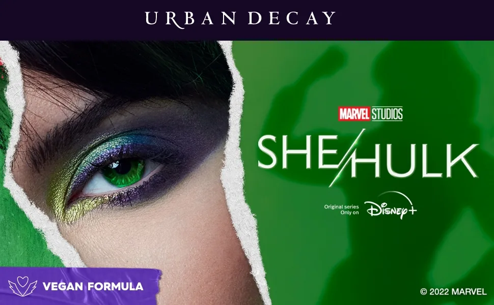 URBAN DECAY x Marvel Studios She-Hulk Mini Eyeshadow Palette - 6 Limited-Edition Matte & Moondust FX Shimmer Shades - Ultra-Blendable & Richly Pigmented - Vegan - urban decay she hulk marvel eyeshadow mini travel palette shadows eye makeup neutral shimmer red