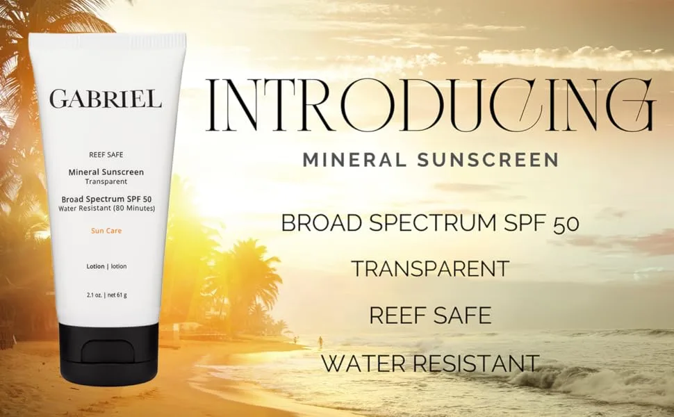 GABRIEL SPF 50 Mineral Sunscreen | Reef Safe (Octinoxate & Oxybenzone Free) | Clear  Mineral-Based Zinc Oxide Weightless Formula | Broad-Spectrum | Water Resistant  2.1 oz - Bottle on beach