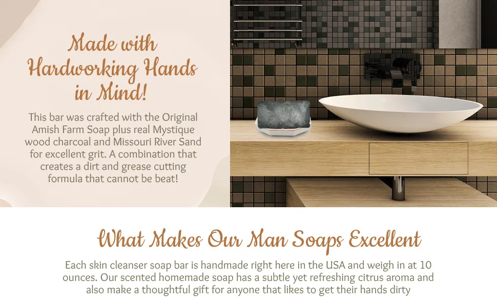 Amish Farms Man Soap for Hands - All Natural Large Bar Soap for Men (Orange Citrus) With Moisturizers & Heavy Duty Grit of Real Mystique Wood Charcoal & River Sand for Degreasing  Made in USA  11 oz - Made with hardworking hands!