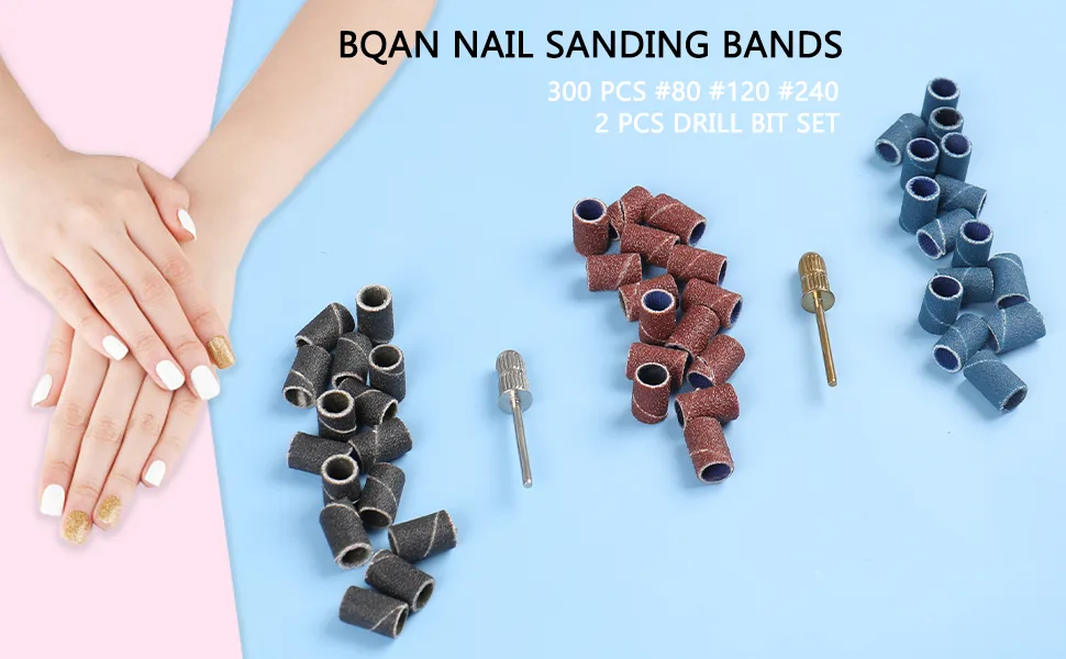 BQAN 300Pcs Nail Sanding Bands for Nail Drill  File Sanding Bands 80120240 Grits  with 2Pcs Nail Drill Bits 3/32 Inch for Manicure Pedicures - Nail Sanding Bands