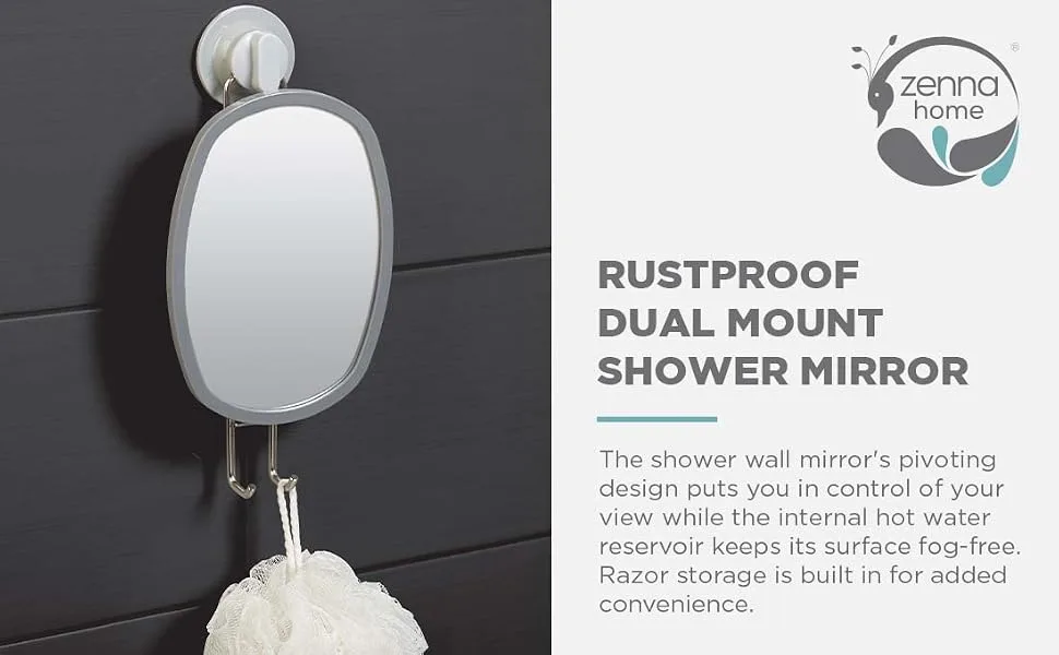 Zenna Home Power Grip Pro Rustproof Multi-Surface Dual Mount Fogless Pivot Shower Mirror  Stainless Steel Wall-Mounted Shower Mirror - Dual Mount Shower Mirror
