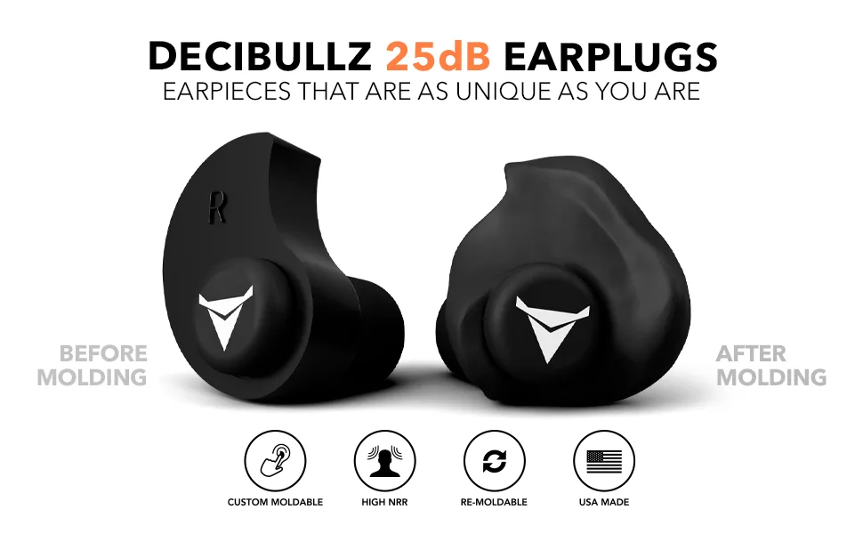 Decibullz 25-Decibel Noise-Reduction Earplugs for Hearing Protection  Custom-Molded Reusable Earplugs for Noise Sensitivity & Flights  Black - Before and After